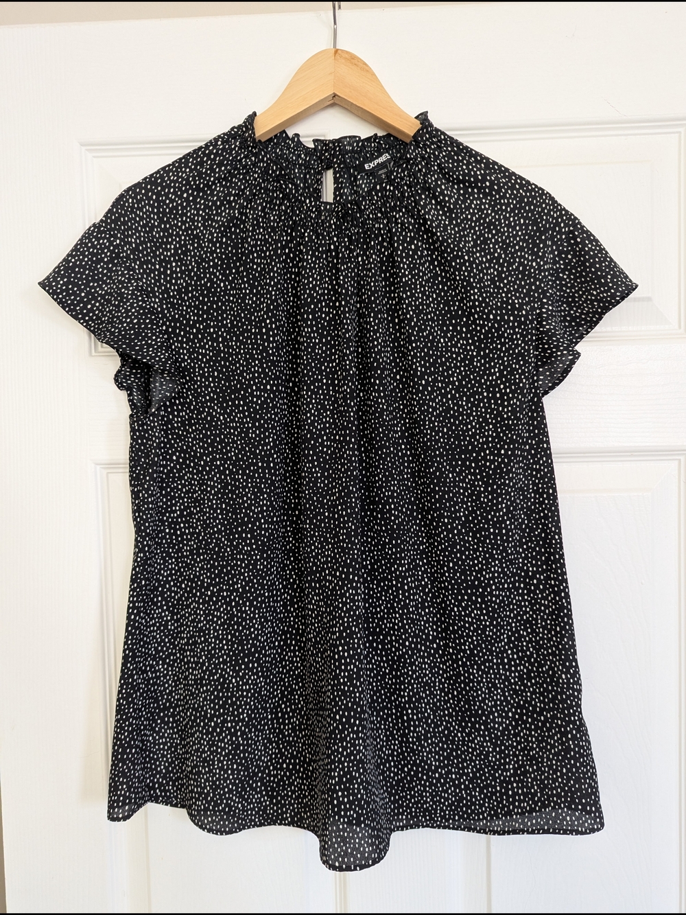 Express Black and White Dot Print Flutter Sleeve Blouse